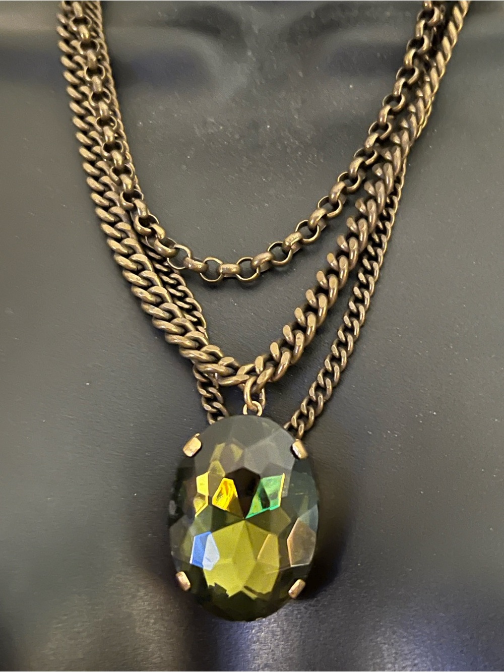 Yochi Olive Green Faceted Pendant Layered Brass-Tone Necklace-Like New-Vintage